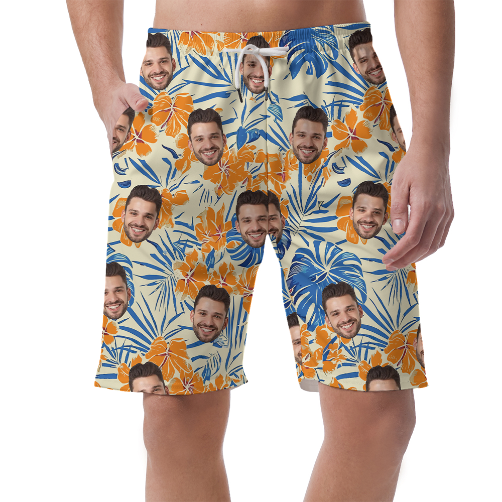 Funny Custom Face Orange Hibiscus Hawaiian Beach Shorts - variant image 1