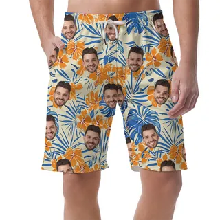 Funny Custom Face Orange Hibiscus Hawaiian Beach Shorts