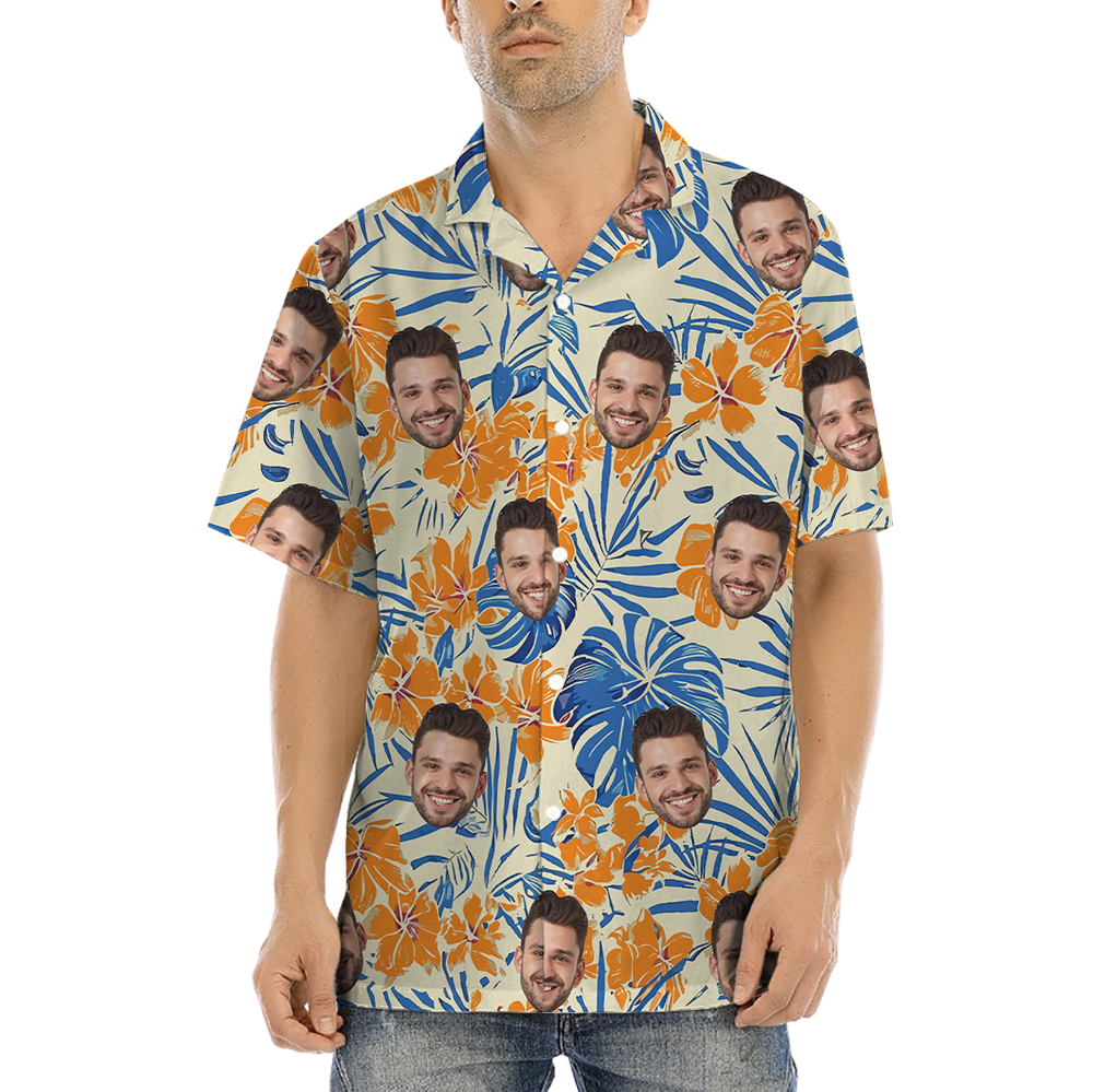 Vintage Floral Orange Hawaiian Shirt With Custom Face - variant image 1