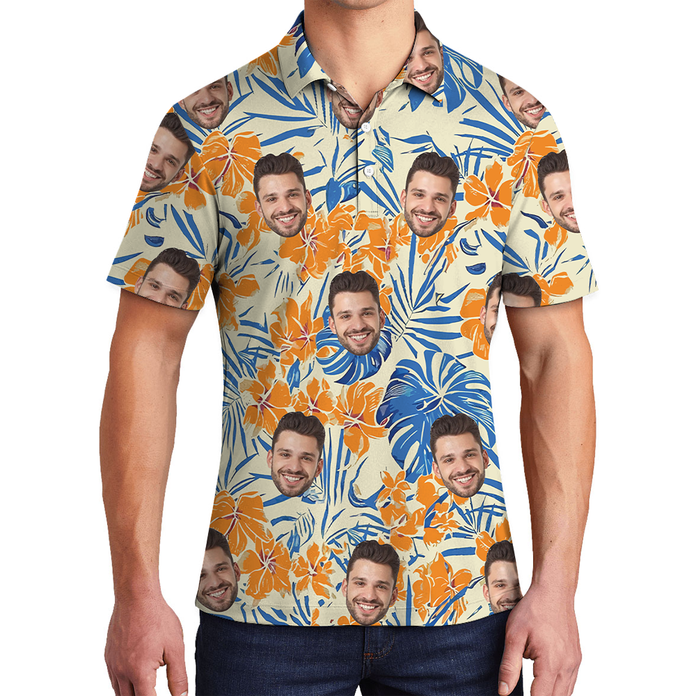 Orange Hibiscus Hawaiian Polo Shirt With Custom Face - variant image 1