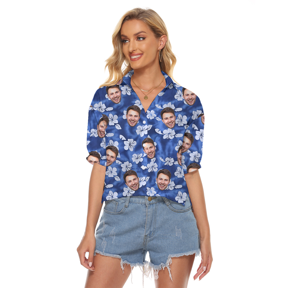 Custom Hibiscus Blue Hawaiian Cropped Shirt With Multiple Faces - variant image 1