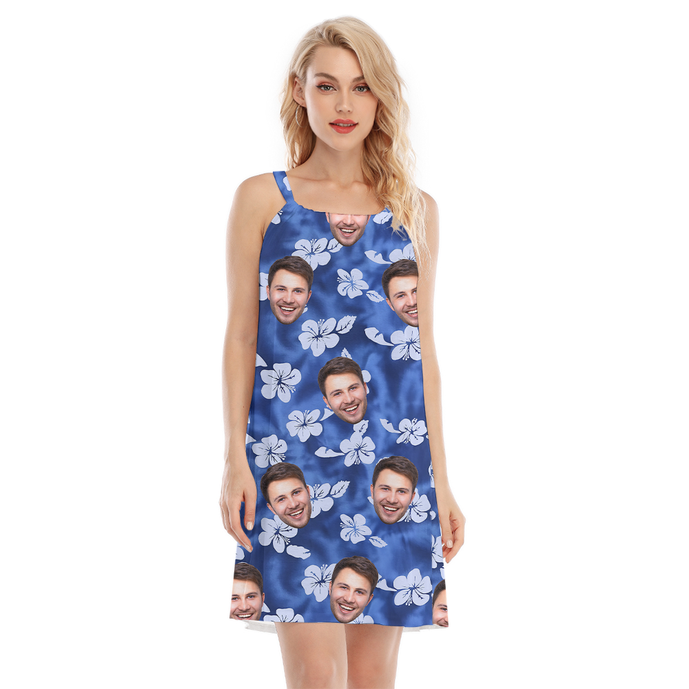 Vintage Hibiscus Blue Hawaiian Dress With Custom Face - variant image 1
