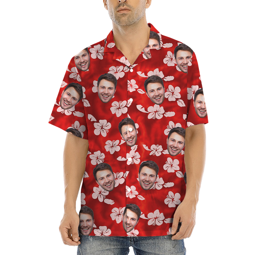 Custom Face Hibiscus Red Hawaiian Button Shirt - variant image 1