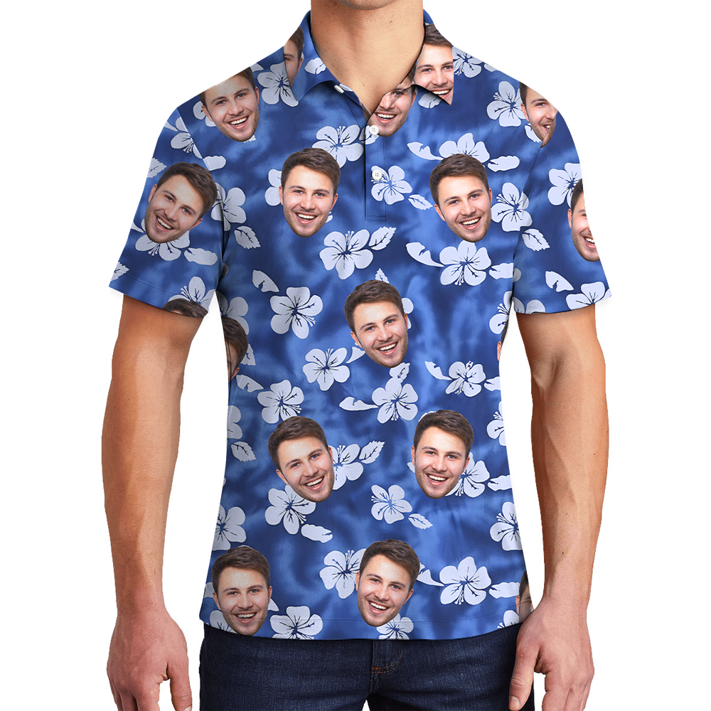 Classic Hibiscus Blue Polo Shirt With Custom Face - variant image 1