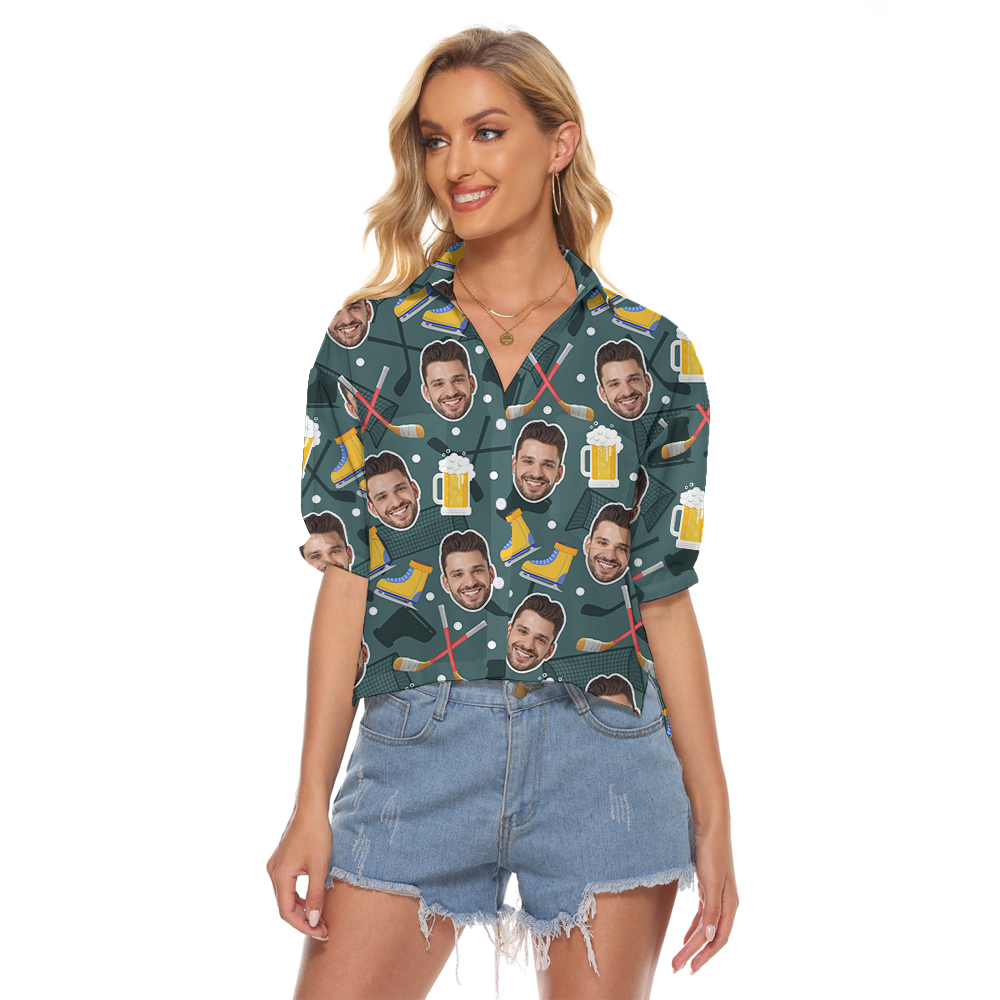 Funny Custom Face Beer Hockey Hawaiian Cropped Shirt - variant image 1