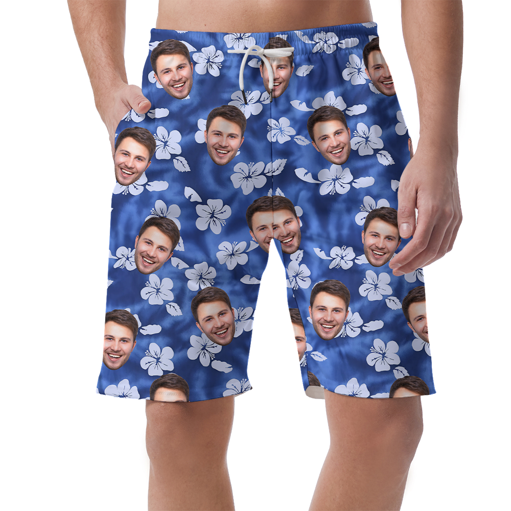 Custom Face Hibiscus Blue Hawaiian Beach Shorts - variant image 1