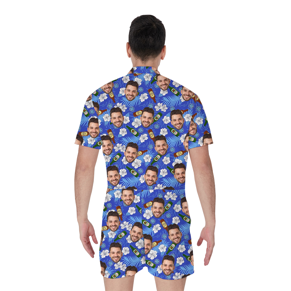 Custom Face Floral Beer Blue Men's Romper