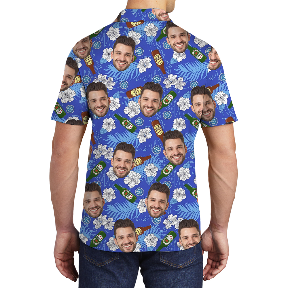 Funny Custom Face Beer Blue Hawaiian Polo Shirt