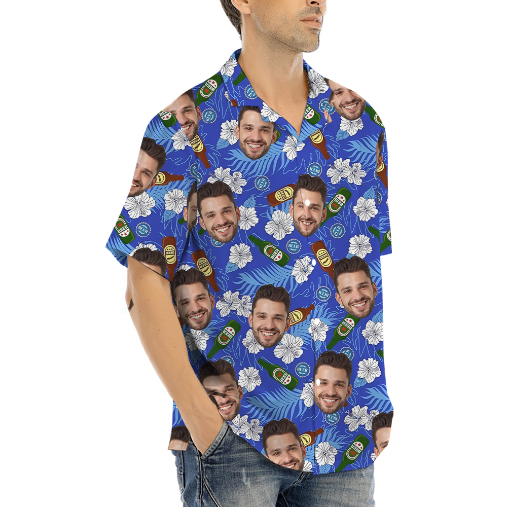 Custom Face Floral Beer Blue Hawaiian Shirt
