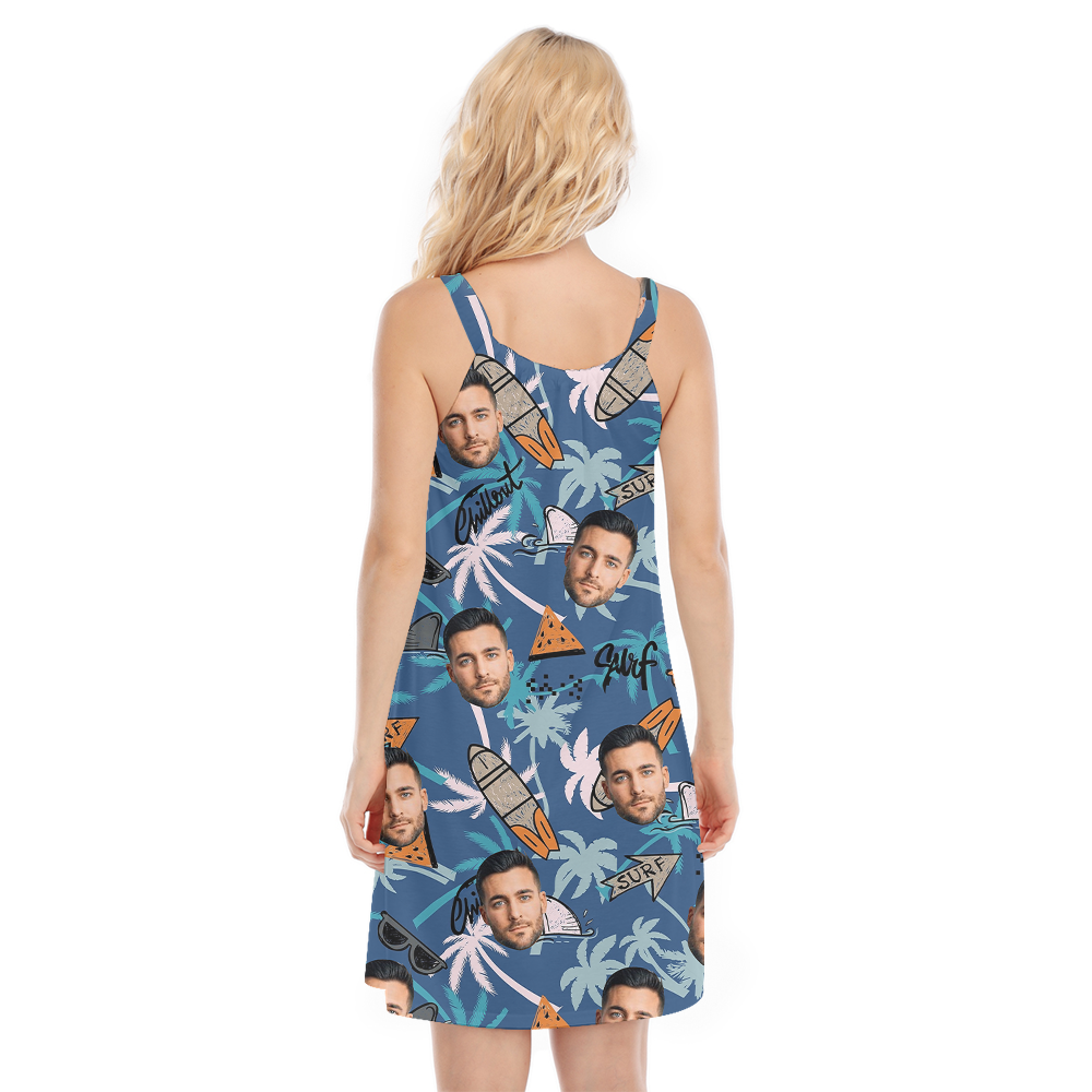Custom Face Blue Tropical Surfing Cami Dress