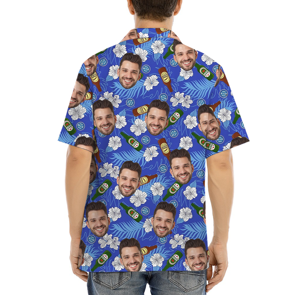 Custom Face Floral Beer Blue Hawaiian Shirt