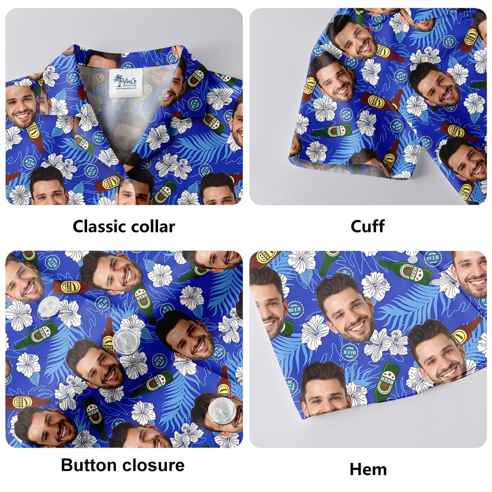 Custom Face Floral Beer Blue Hawaiian Shirt