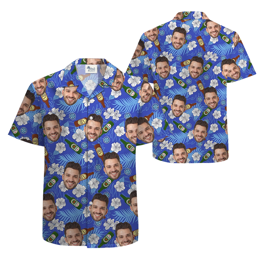 Custom Face Floral Beer Blue Hawaiian Shirt