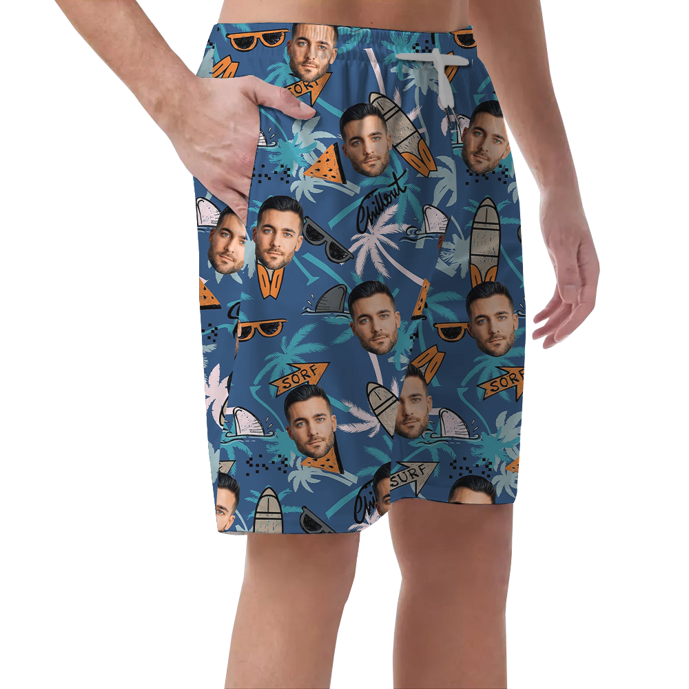 Custom Face Surfing Tropical Blue Beach Shorts