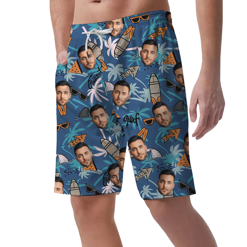 Custom Face Surfing Tropical Blue Beach Shorts
