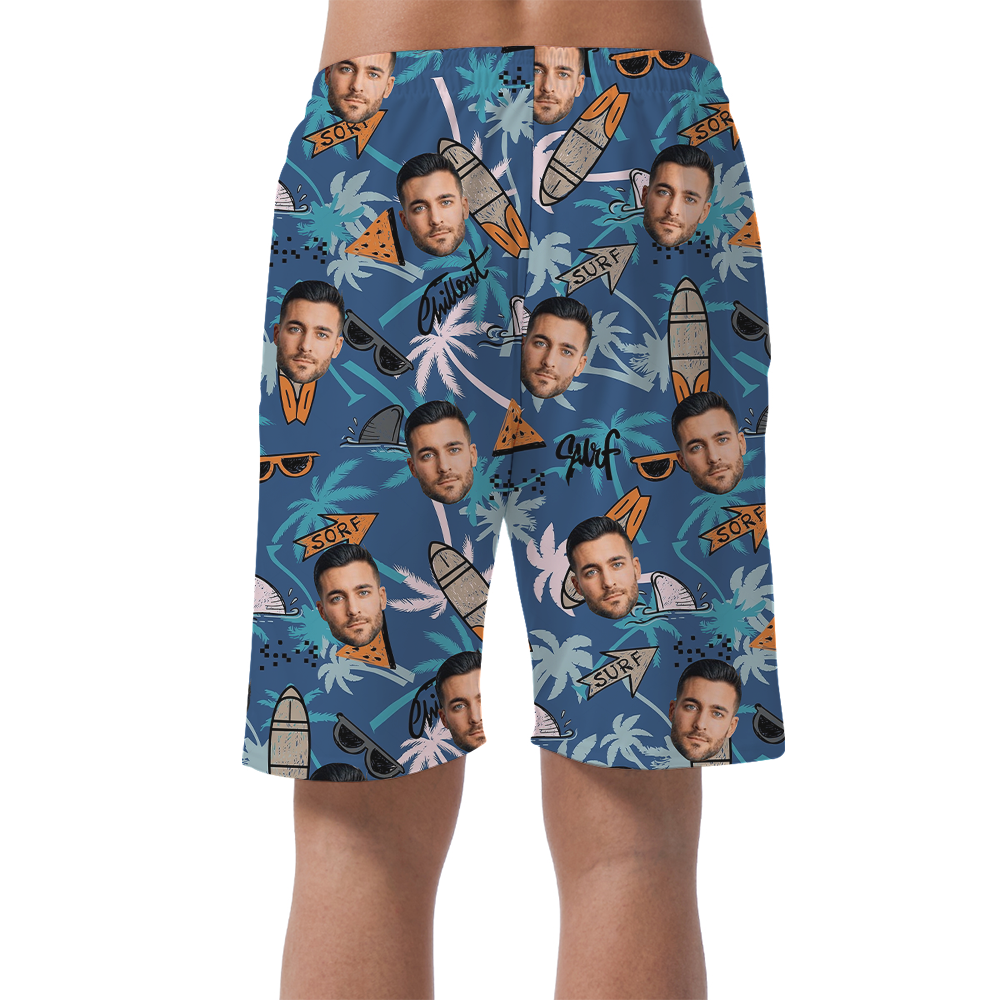Custom Face Surfing Tropical Blue Beach Shorts