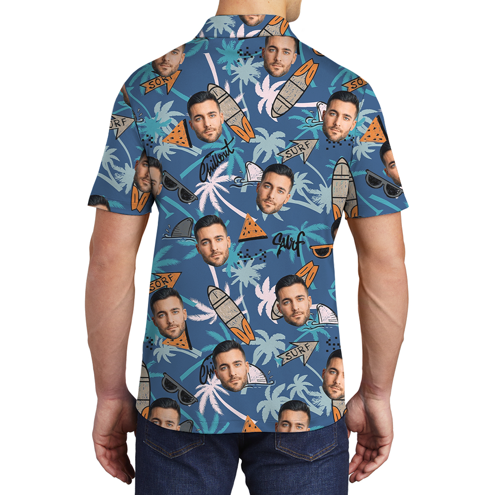 Vintage Blue Tropical Surfing Hawaiian Polo Shirt With Custom Face