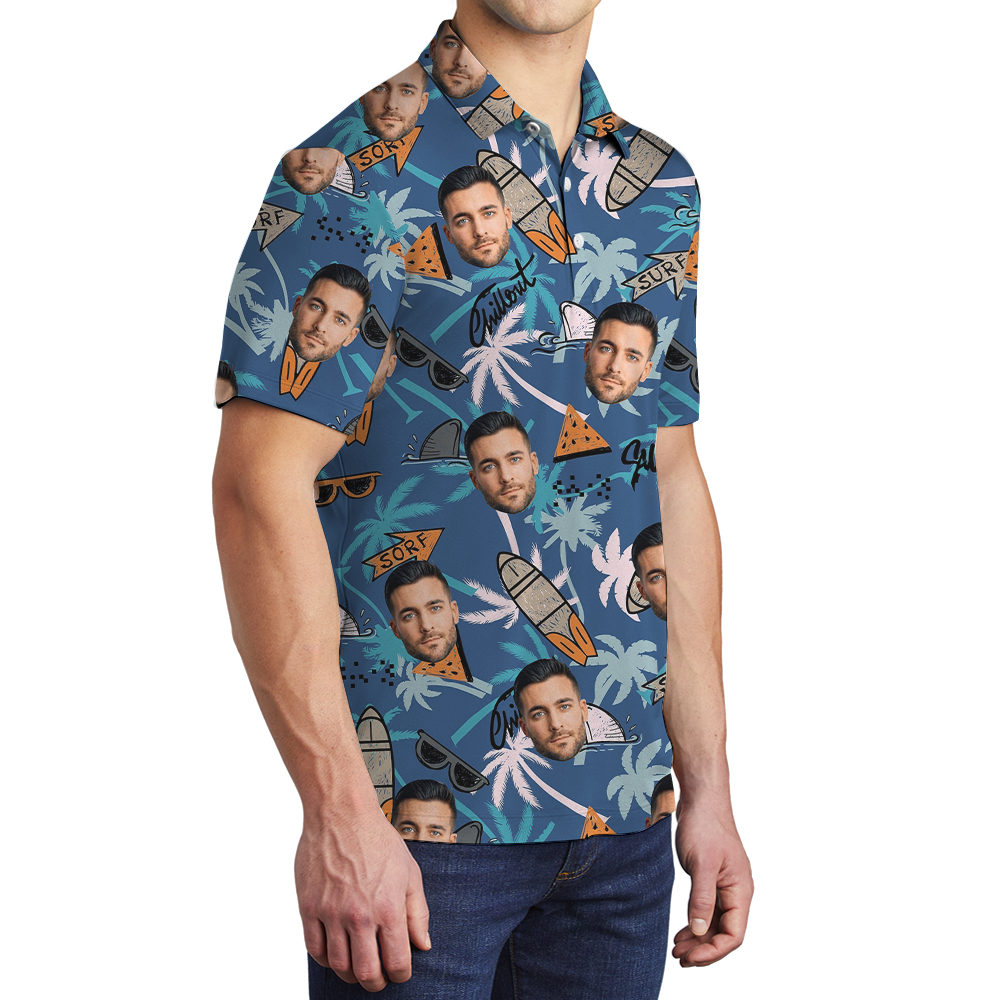 Vintage Blue Tropical Surfing Hawaiian Polo Shirt With Custom Face