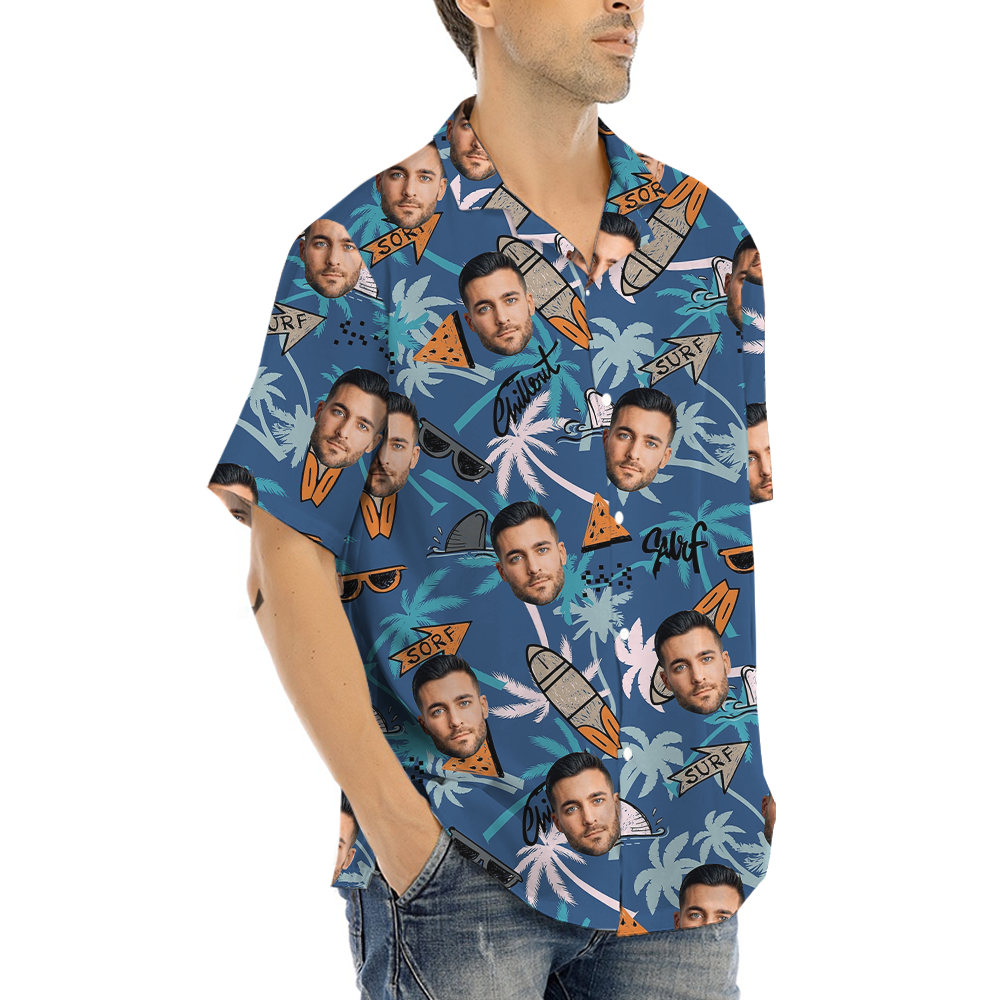 Custom Face Vintage Surfing Board Blue Hawaiian Shirt