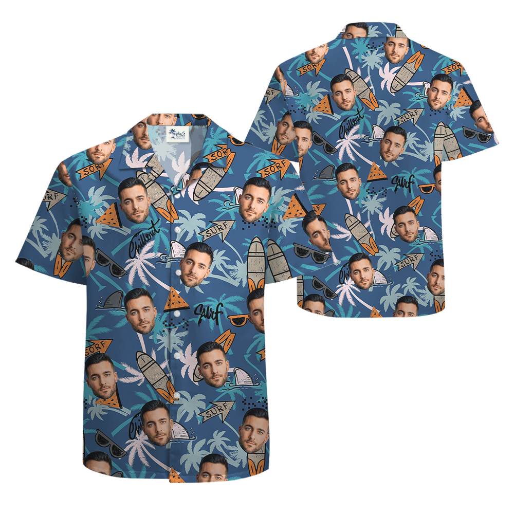 Custom Face Vintage Surfing Board Blue Hawaiian Shirt