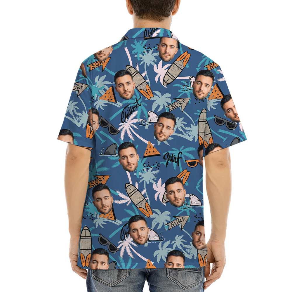 Custom Face Vintage Surfing Board Blue Hawaiian Shirt