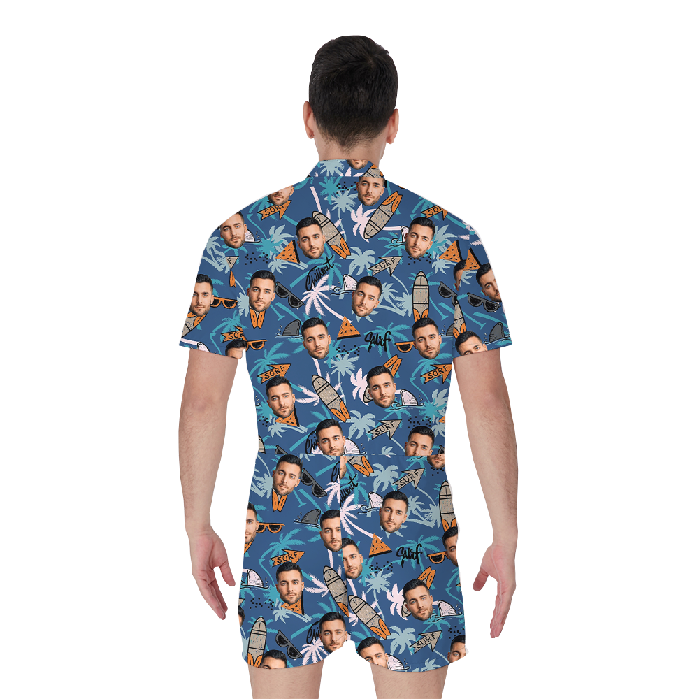 Palm Tree Surfing Blue Hawaiian Romper With Custom Face
