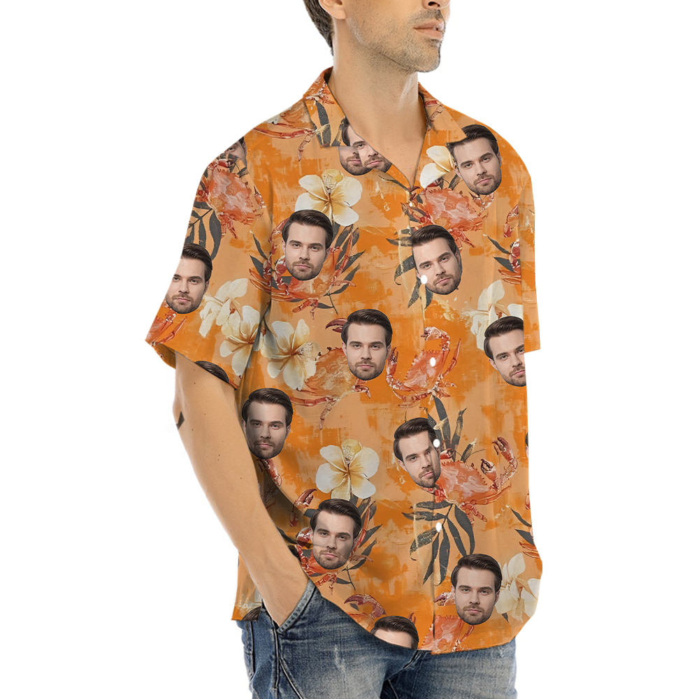 Funny Custom Face Floral Crab Orange Hawaiian Shirt