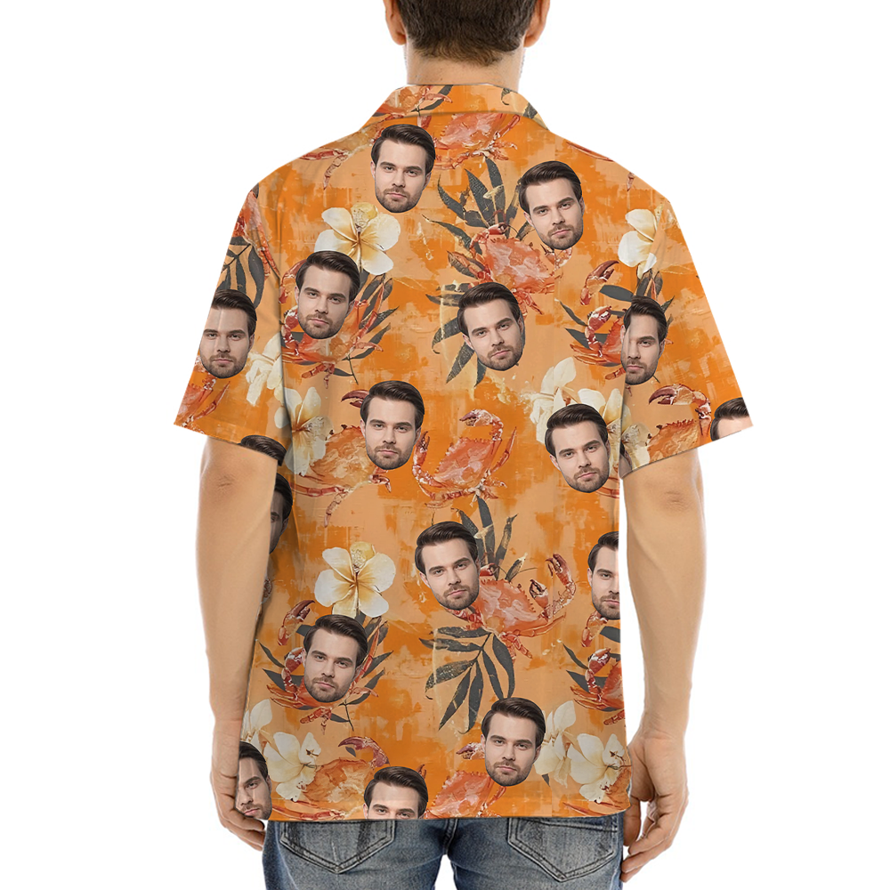 Funny Custom Face Floral Crab Orange Hawaiian Shirt