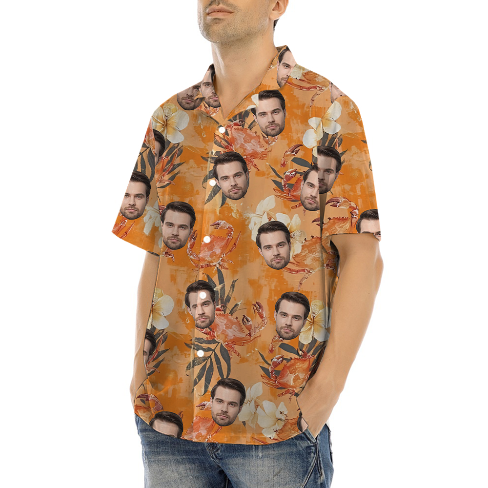 Funny Custom Face Floral Crab Orange Hawaiian Shirt