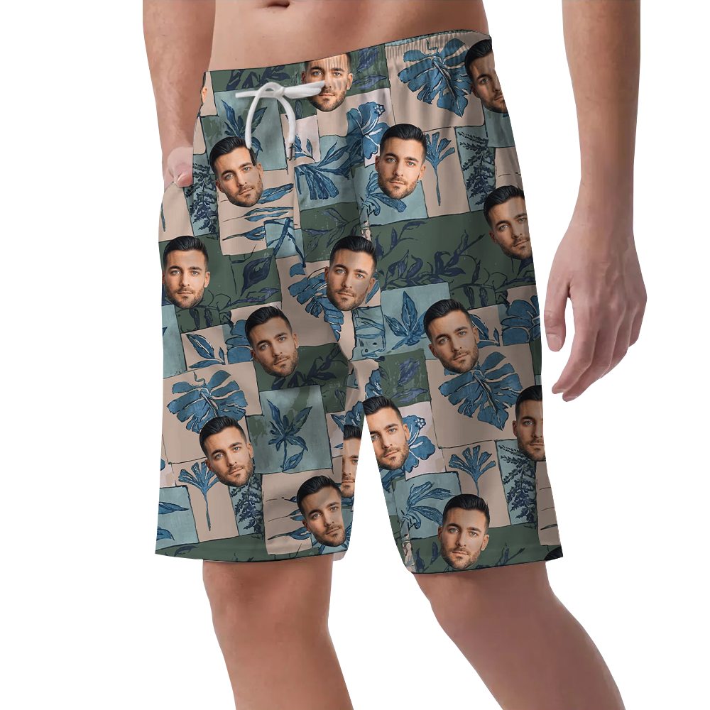 Custom Vintage Green Hawaiian Beach Shorts With 1-5 Faces