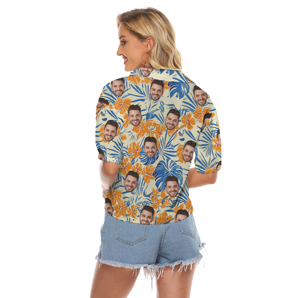 Custom Face Hibiscus Orange Hawaiian Cropped Shirt