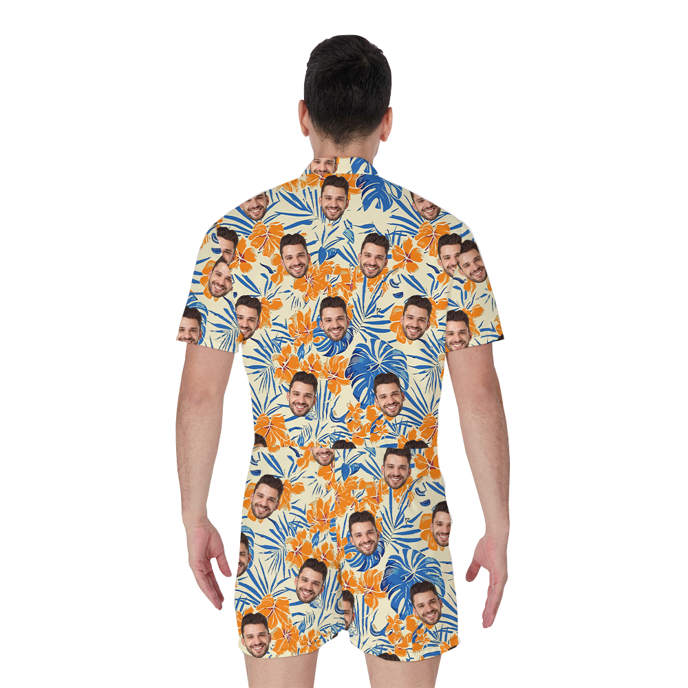 Custom Face Floral Orange Hawaiian Romper