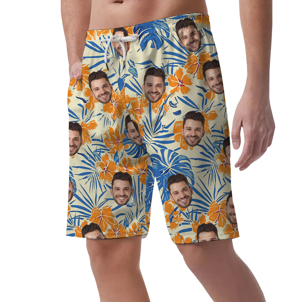 Funny Custom Face Orange Hibiscus Hawaiian Beach Shorts