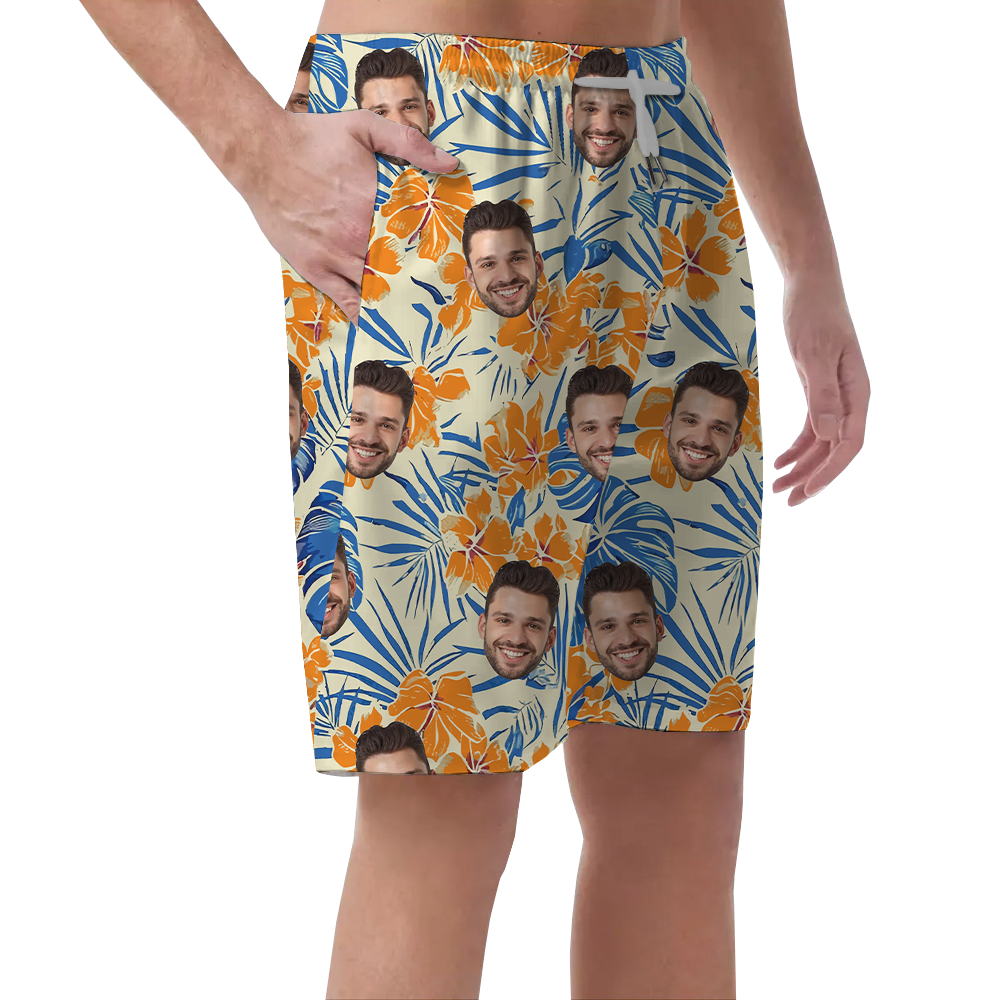 Funny Custom Face Orange Hibiscus Hawaiian Beach Shorts