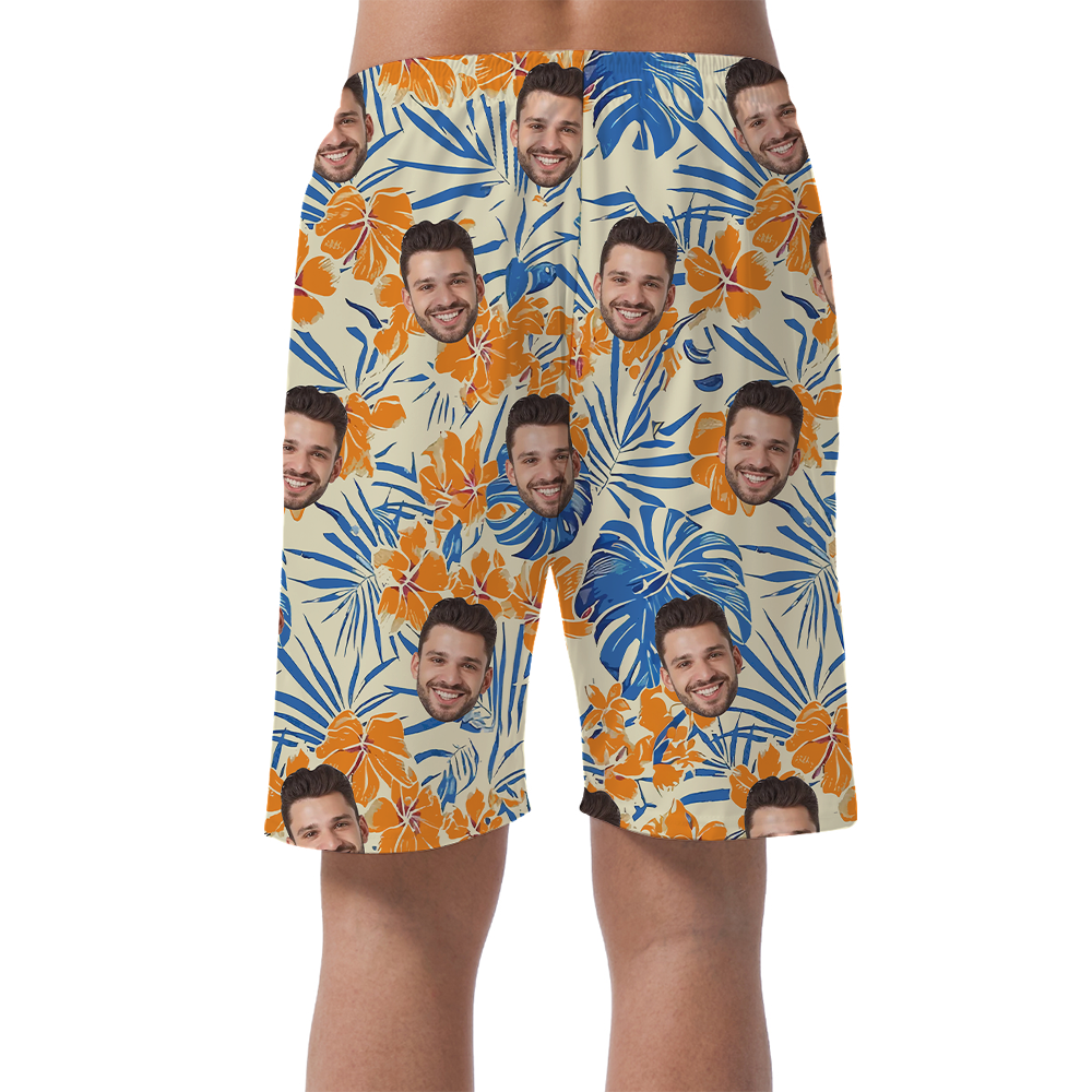 Funny Custom Face Orange Hibiscus Hawaiian Beach Shorts