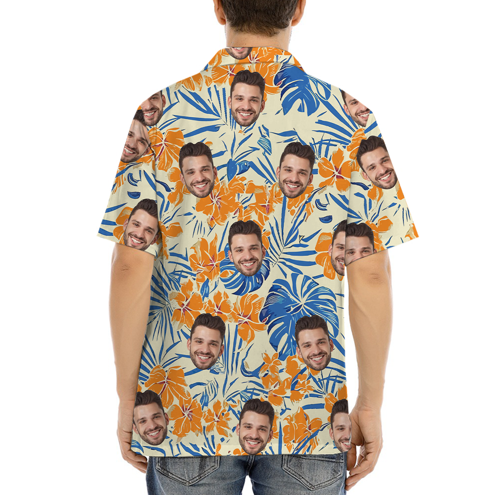 Vintage Floral Orange Hawaiian Shirt With Custom Face