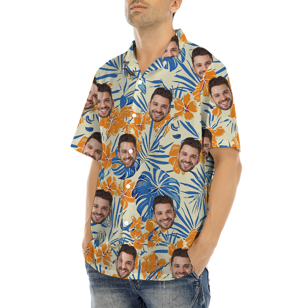 Vintage Floral Orange Hawaiian Shirt With Custom Face