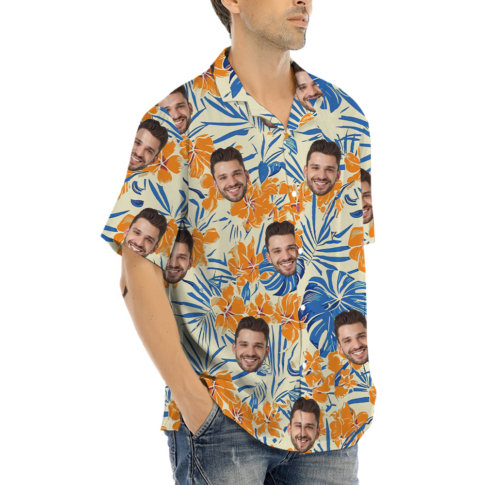 Vintage Floral Orange Hawaiian Shirt With Custom Face