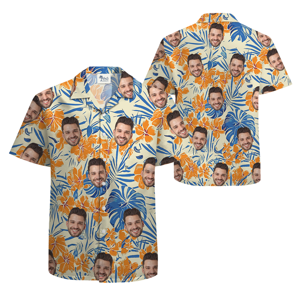 Vintage Floral Orange Hawaiian Shirt With Custom Face