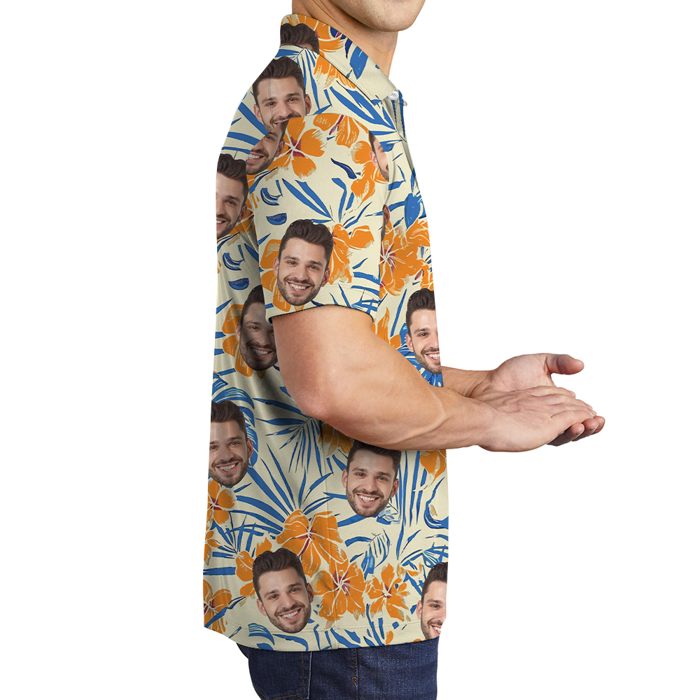 Orange Hibiscus Hawaiian Polo Shirt With Custom Face