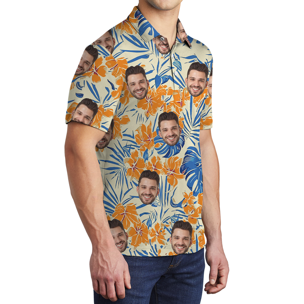 Orange Hibiscus Hawaiian Polo Shirt With Custom Face