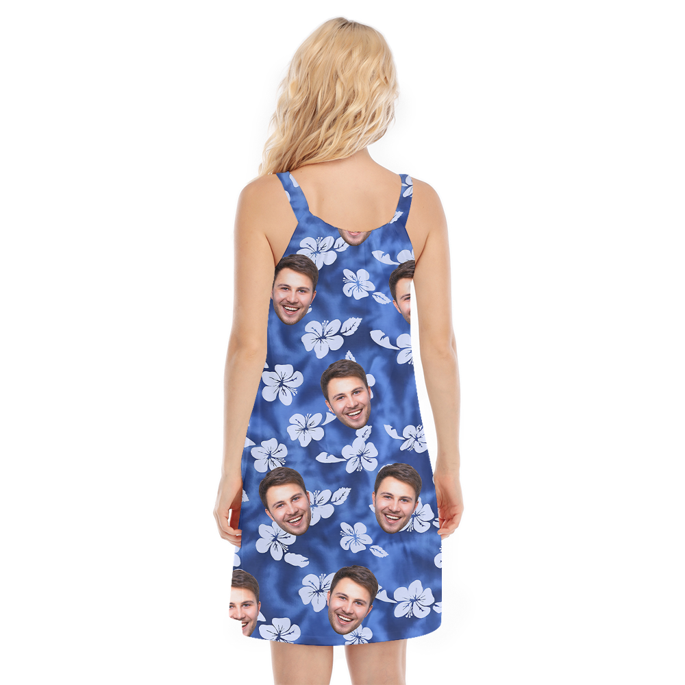 Vintage Hibiscus Blue Hawaiian Dress With Custom Face