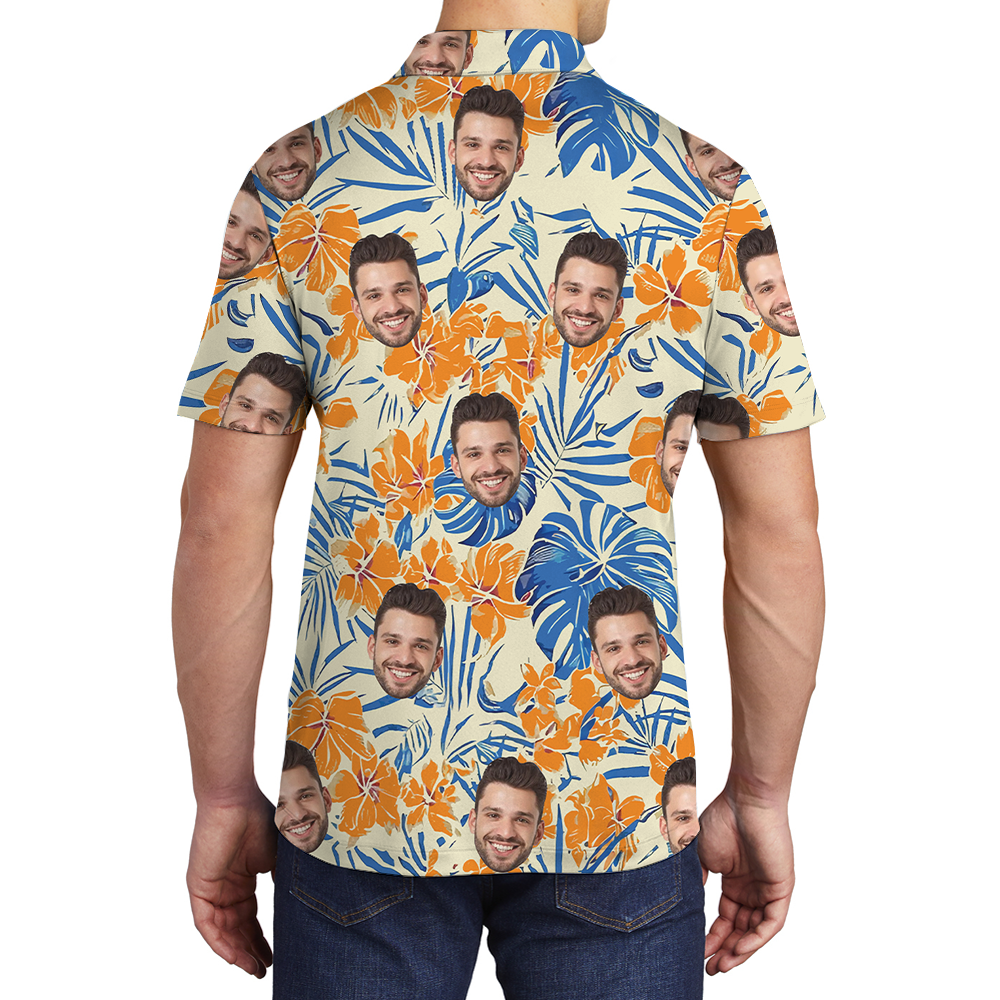 Orange Hibiscus Hawaiian Polo Shirt With Custom Face