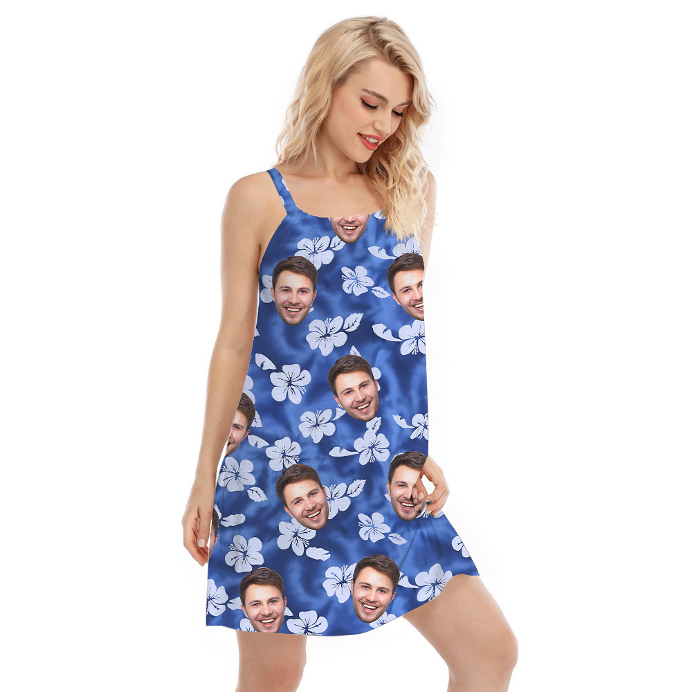 Vintage Hibiscus Blue Hawaiian Dress With Custom Face