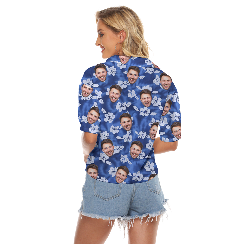 Custom Hibiscus Blue Hawaiian Cropped Shirt With Multiple Faces