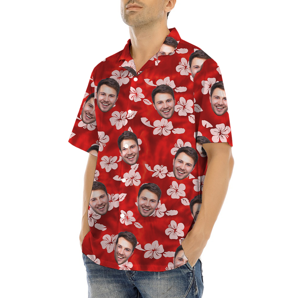 Custom Face Hibiscus Red Hawaiian Button Shirt