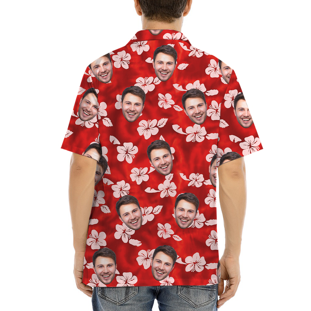 Custom Face Hibiscus Red Hawaiian Button Shirt