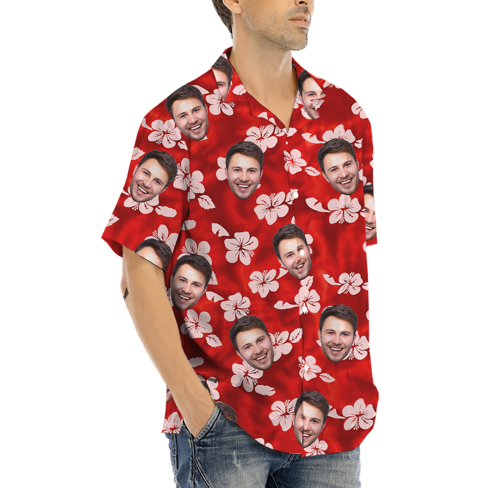 Custom Face Hibiscus Red Hawaiian Button Shirt