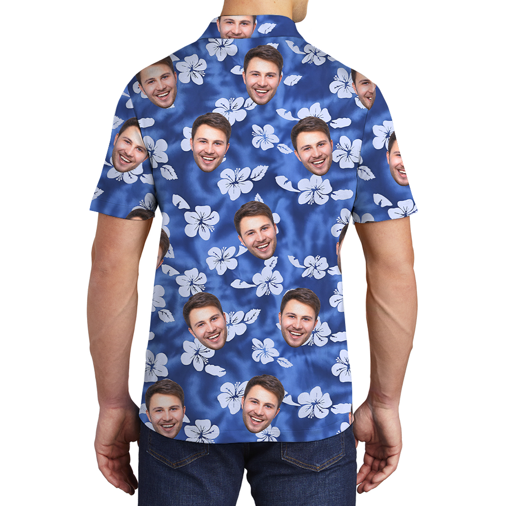Classic Hibiscus Blue Polo Shirt With Custom Face