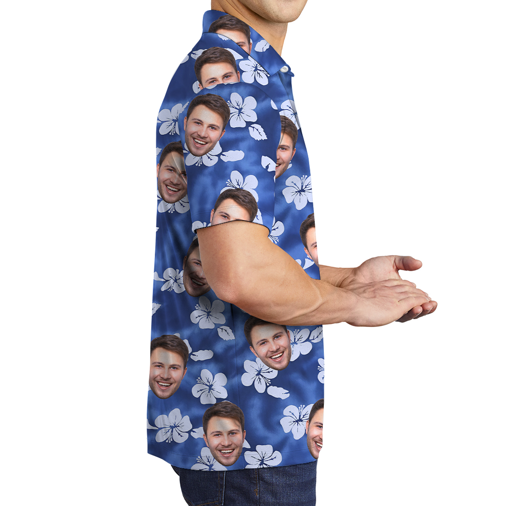 Classic Hibiscus Blue Polo Shirt With Custom Face